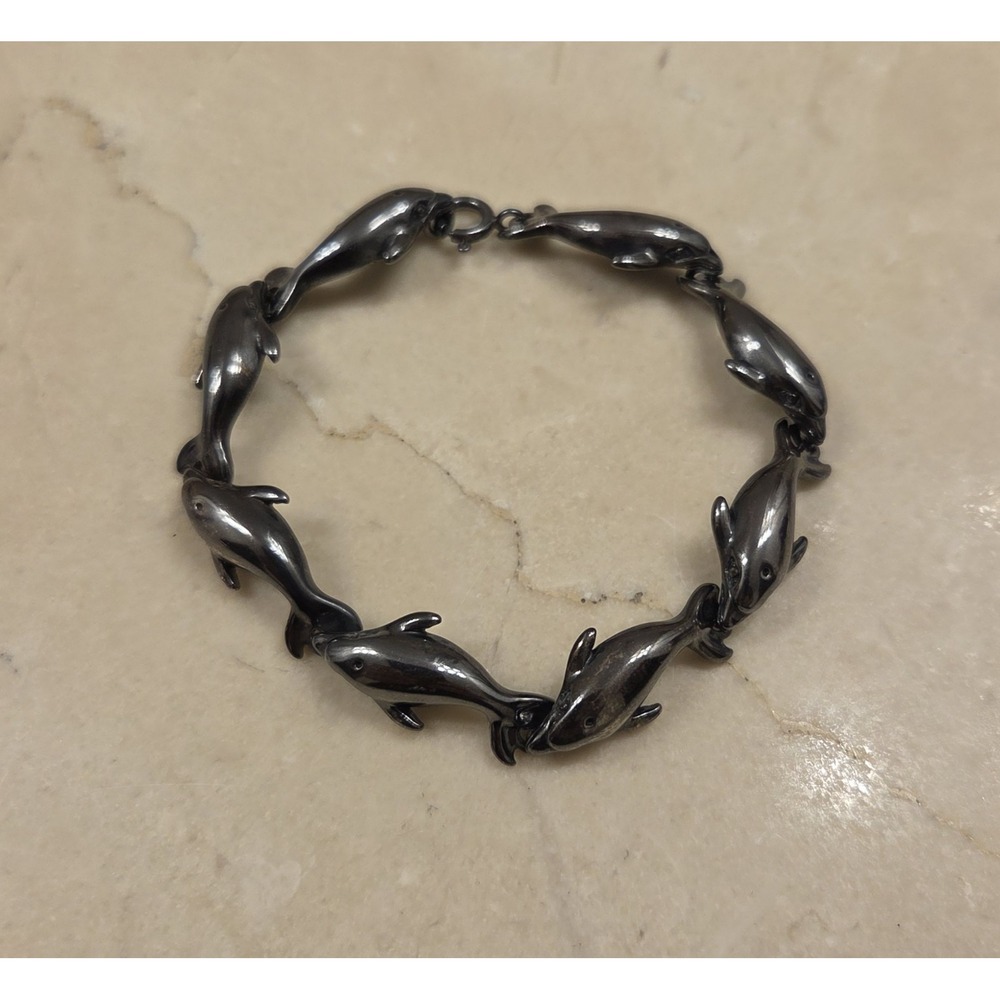 Stunning Oxidized Kabana 925 Sterling Silver Dolphin Eight Link Bracelet 7"
